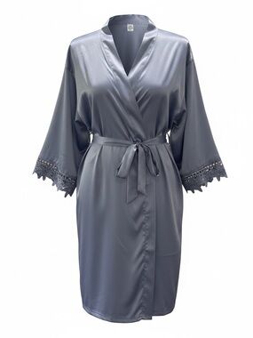 Junior Bridesmaid Satin Robe Dusty Blue Lace Trim Wedding Getting Ready Robe